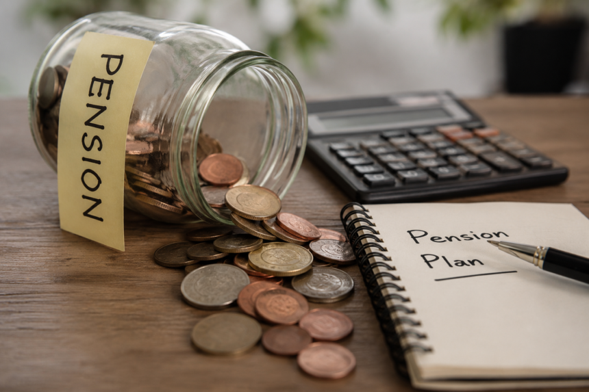 A tipped-over jar labelled Pension spilling coins across a desk beside a calculator and a notebook headed Pension Plan