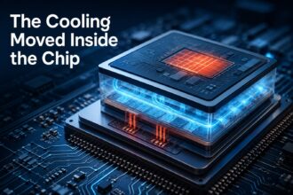 Cutaway render of a semiconductor package with glowing blue coolant channels running through a cooling layer directly beneath the hot processor die